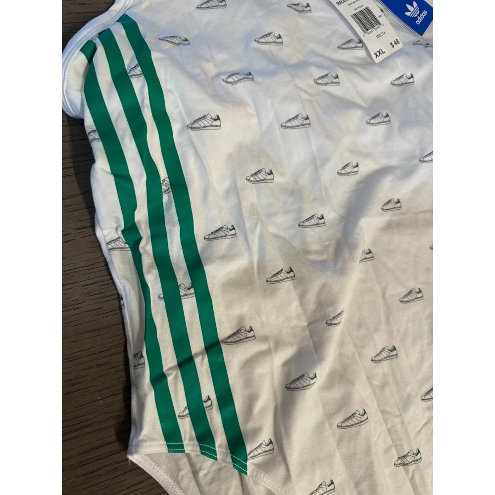 Adidas Racerback Bodysuit White/Green Stripe Logo Print‎ XXL  NWT MSRP $48